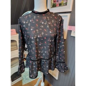Women's HAUTE  ROGUE Black Floral Blouse with Velvet Accent Trim - Size Small